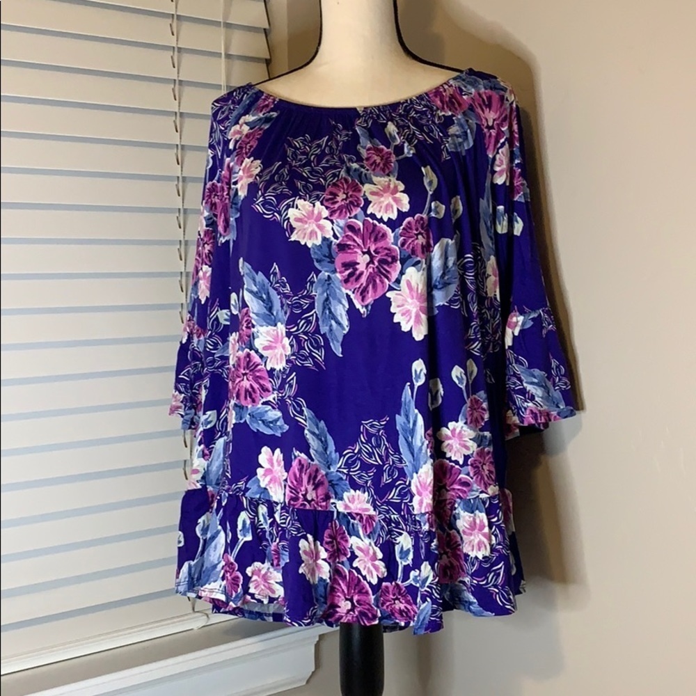 Style & Co Purple Flower Ruffle Blouse 1X